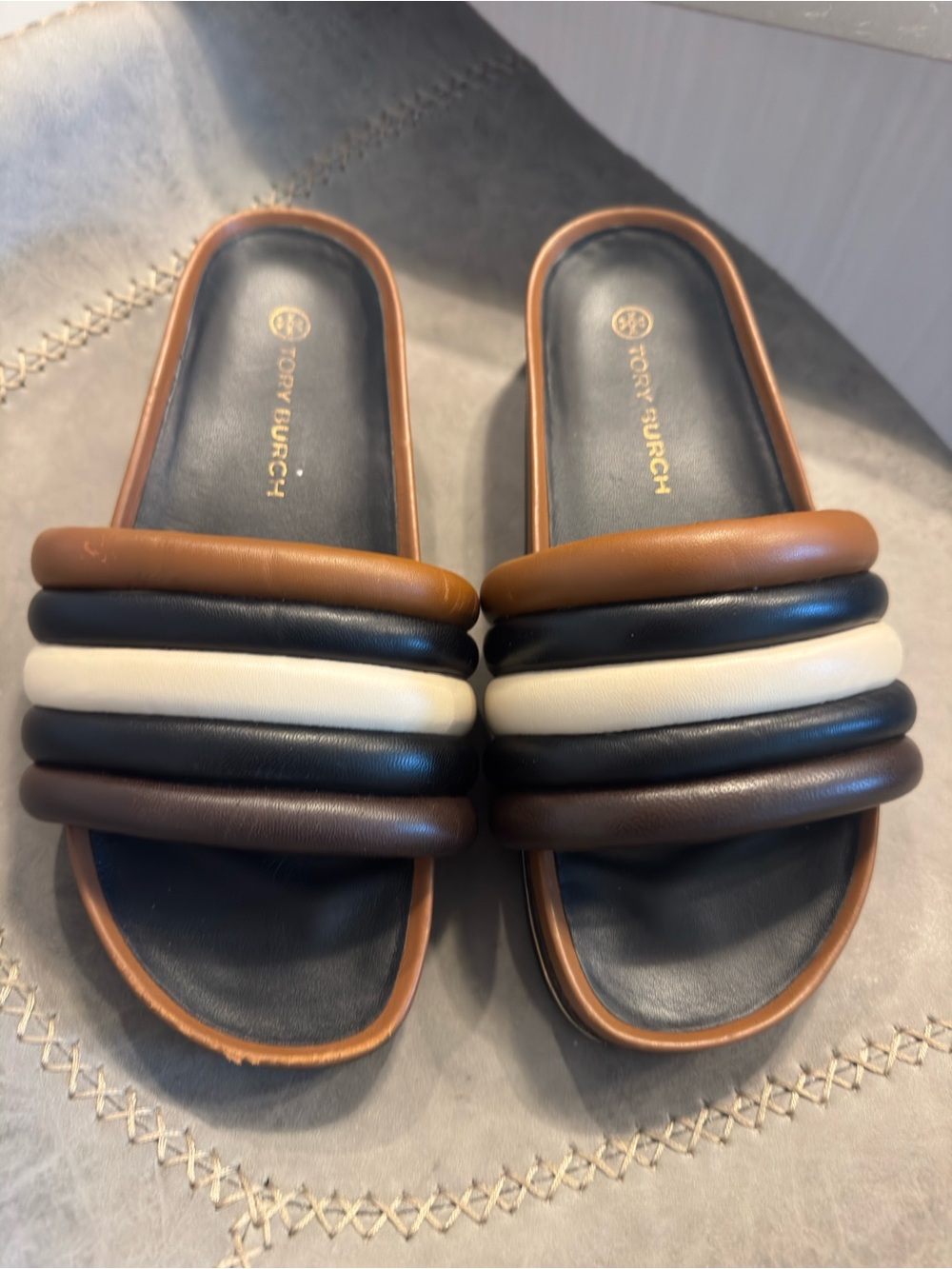 Tory Burch platform puffyMulti-Strip Padded Slide Sandals - Brown, Black & Cream